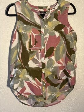 Tahari Womens Sleeveless Button-Down Floral Print Top 100% Linen Size S